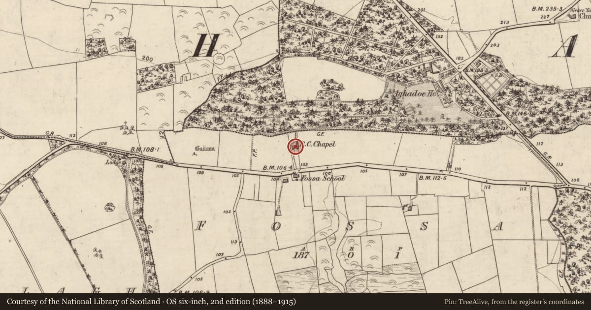 Ordnance Survey six-inch map, 2nd edition (1888–1915) covering the location of Church, Fossa, County Kerry, with a pin at the register's coordinates