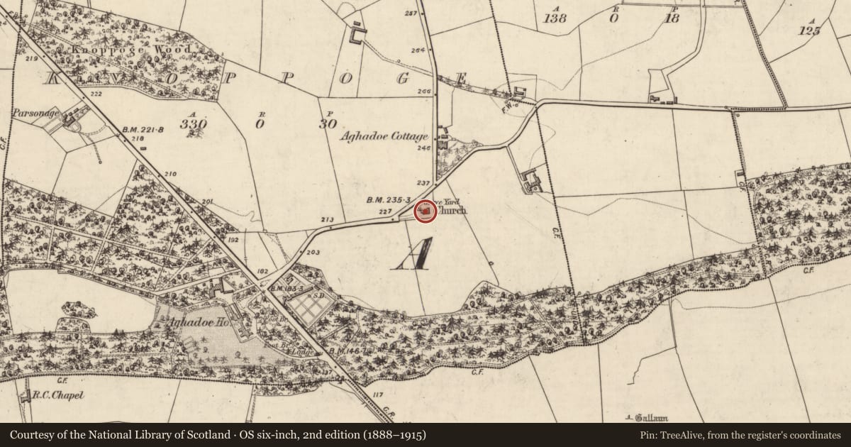Ordnance Survey six-inch map, 2nd edition (1888–1915) covering the location of Church, Knoppoge, County Kerry, with a pin at the register's coordinates
