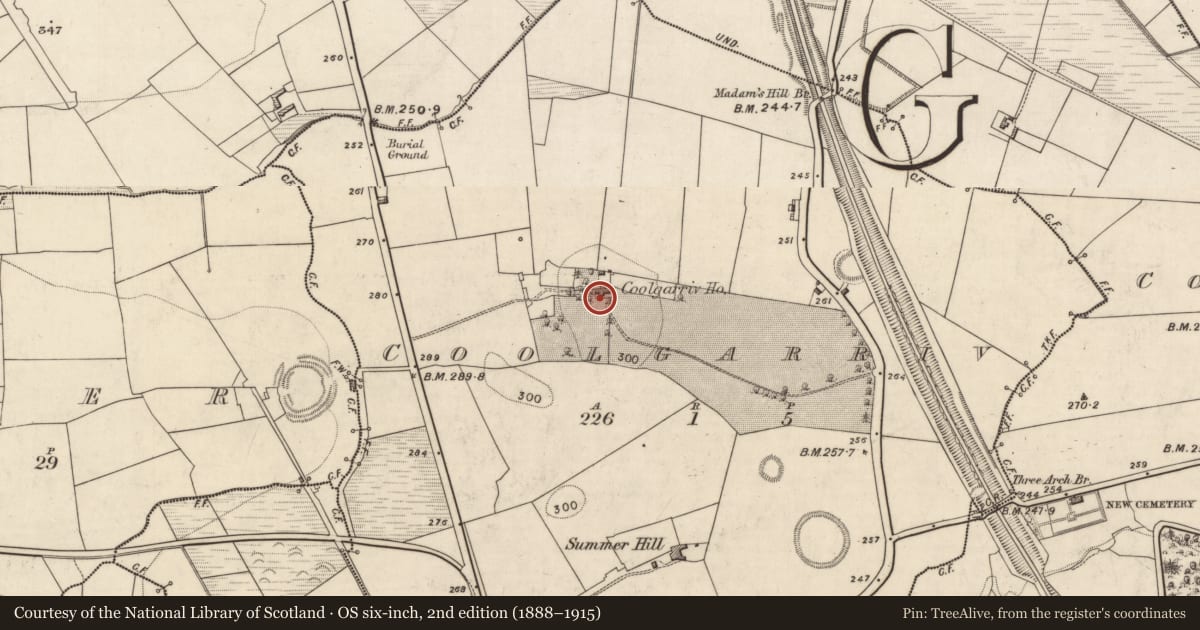 Ordnance Survey six-inch map, 2nd edition (1888–1915) covering the location of Country house, Coolgarriv, County Kerry, with a pin at the register's coordinates