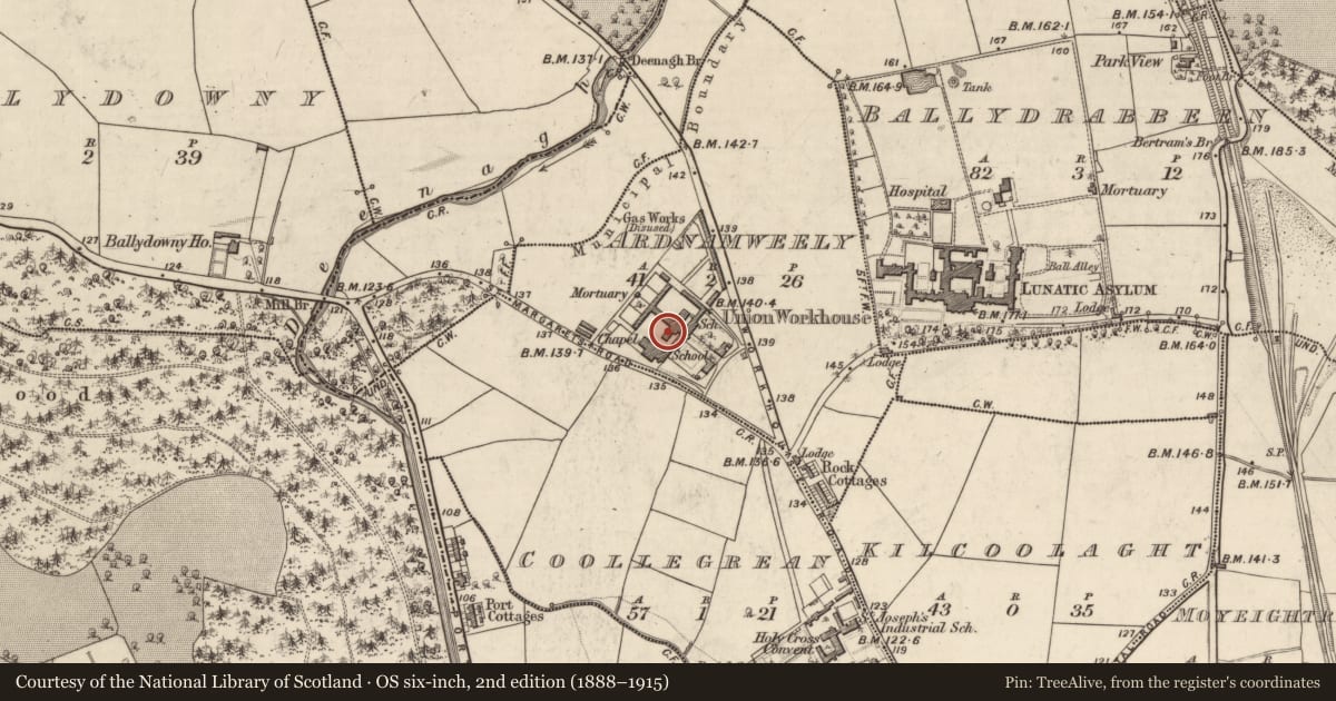 Ordnance Survey six-inch map, 2nd edition (1888–1915) covering the location of Workhouse, Ardnamweely, County Kerry, with a pin at the register's coordinates