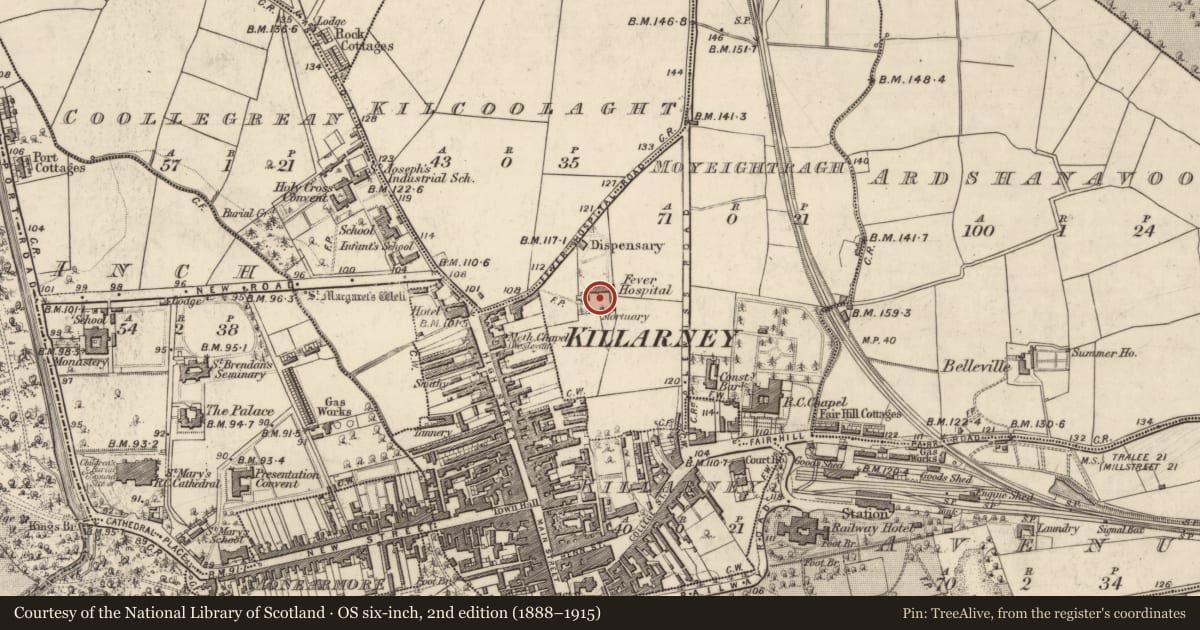 Ordnance Survey six-inch map, 2nd edition (1888–1915) covering the location of Fever hospital, Moyeightragh, County Kerry, with a pin at the register's coordinates
