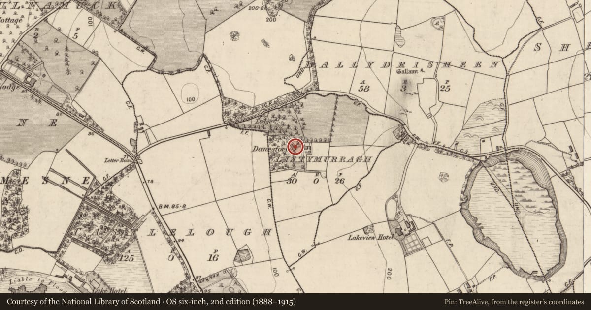 Ordnance Survey six-inch map, 2nd edition (1888–1915) covering the location of Country house, Listymurragh, County Kerry, with a pin at the register's coordinates