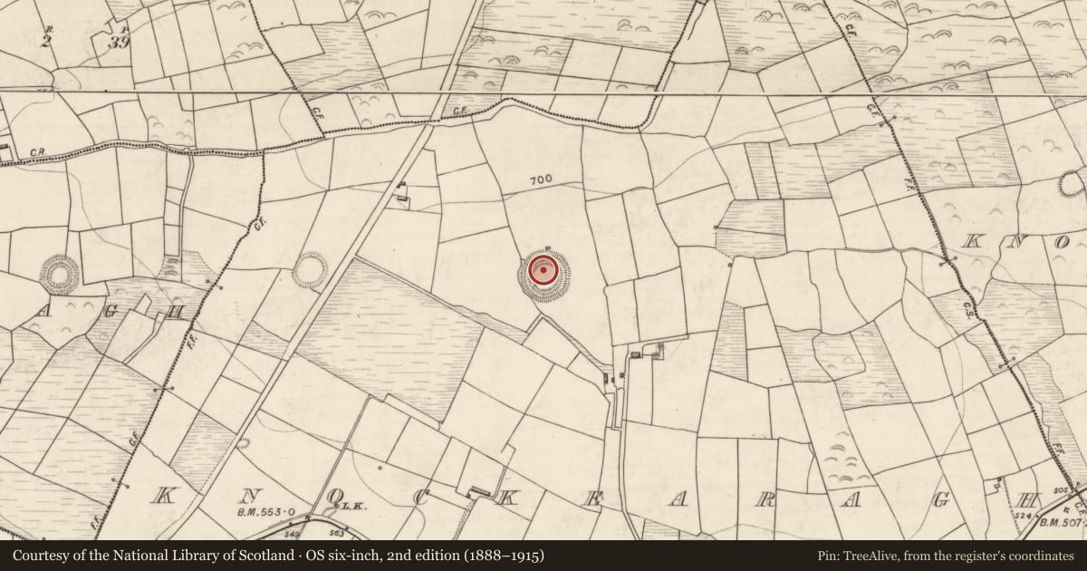 Ordnance Survey six-inch map, 2nd edition (1888–1915) covering the location of Souterrain, Knockearagh, County Kerry, with a pin at the register's coordinates