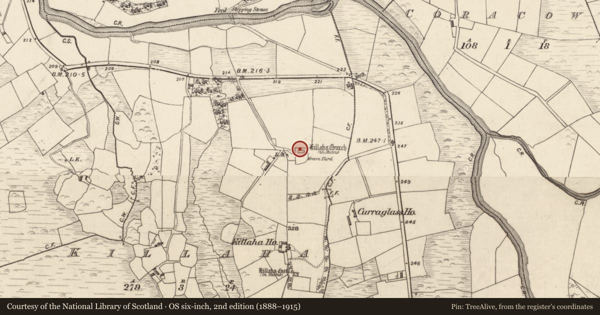 Ordnance Survey six-inch map, 2nd edition (1888–1915) covering the location of Church, Killaha, County Kerry, with a pin at the register's coordinates