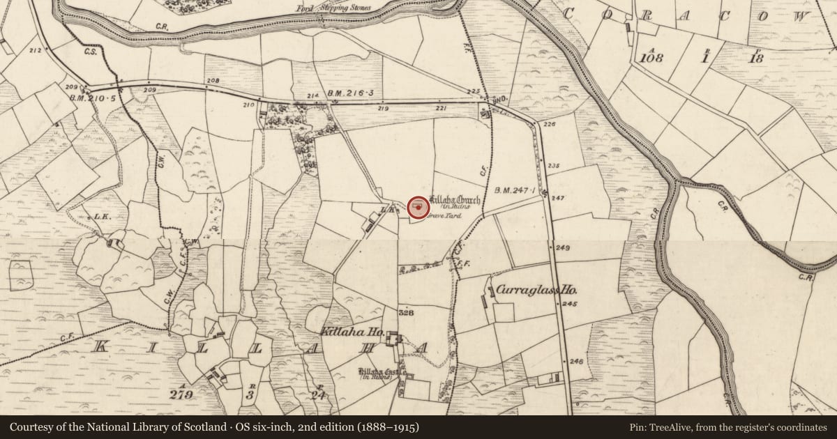 Ordnance Survey six-inch map, 2nd edition (1888–1915) covering the location of Graveyard, Killaha, County Kerry, with a pin at the register's coordinates