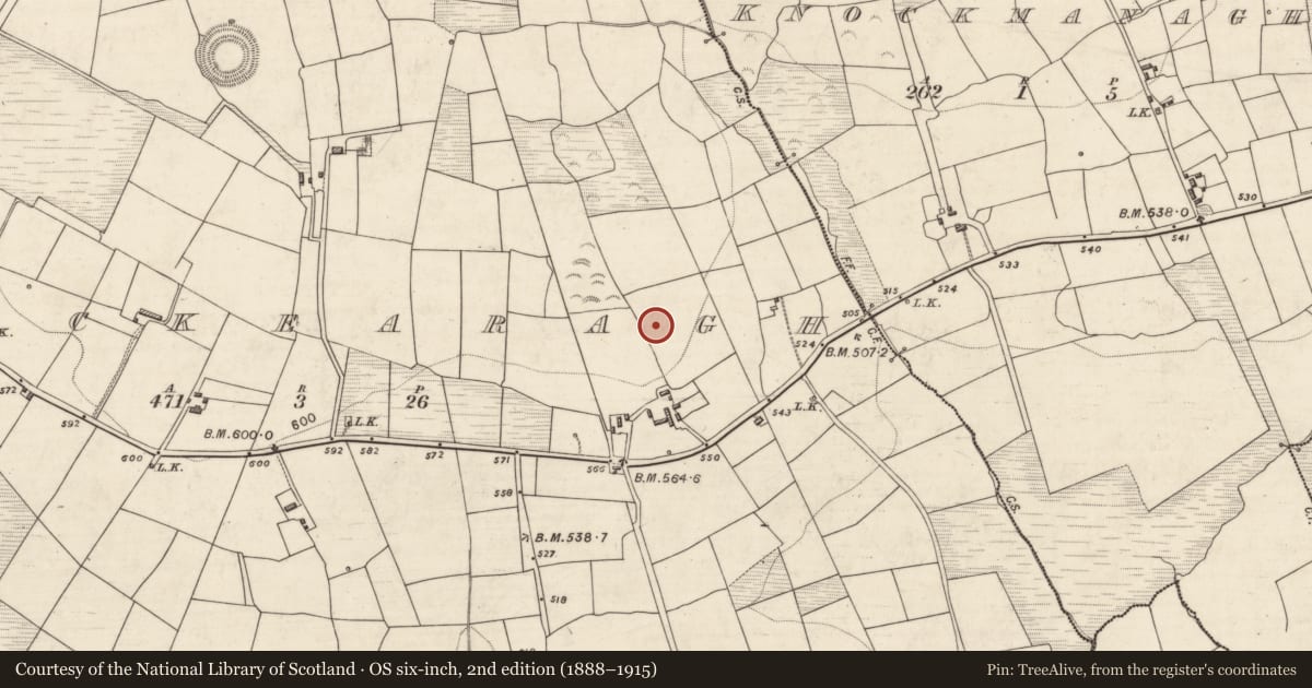 Ordnance Survey six-inch map, 2nd edition (1888–1915) covering the location of Ringfort - rath, Knockearagh, County Kerry, with a pin at the register's coordinates