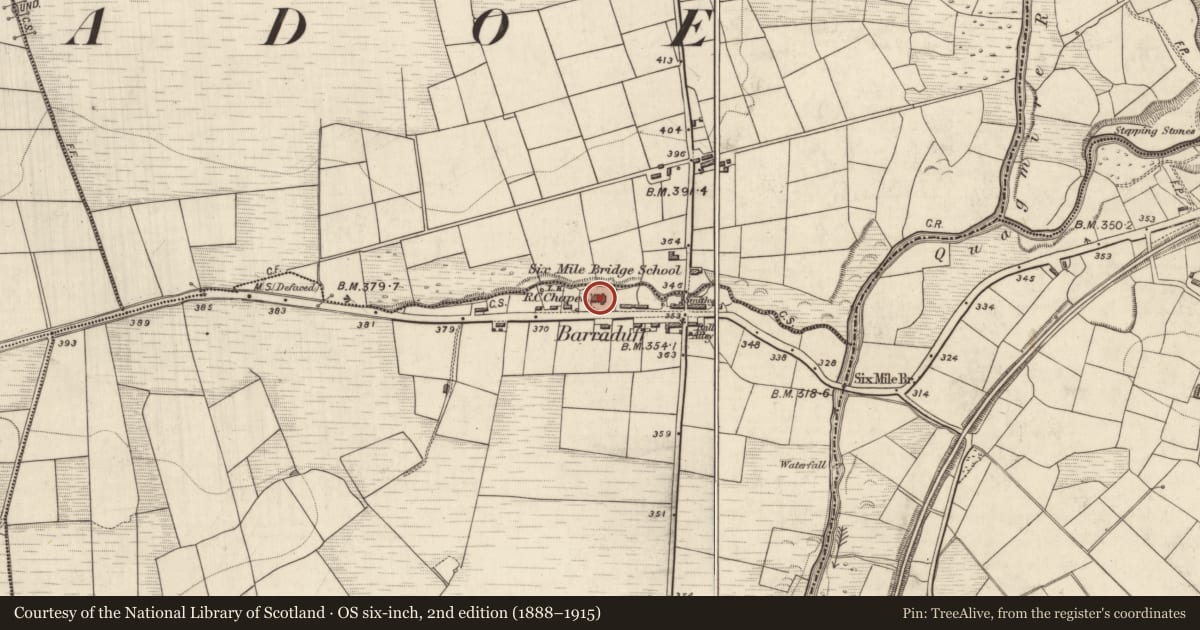 Ordnance Survey six-inch map, 2nd edition (1888–1915) covering the location of Church, Barraduff, County Kerry, with a pin at the register's coordinates