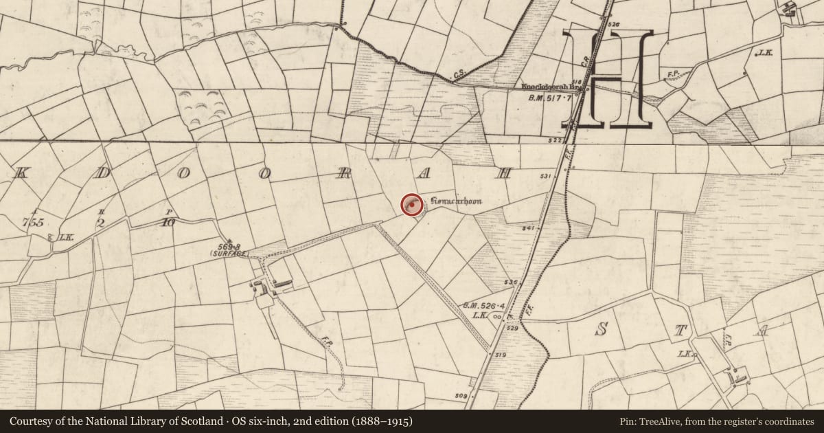 Ordnance Survey six-inch map, 2nd edition (1888–1915) covering the location of Children's burial ground, Knockdoorah, County Kerry, with a pin at the register's coordinates
