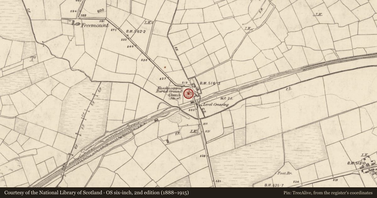 Ordnance Survey six-inch map, 2nd edition (1888–1915) covering the location of Graveyard, Freemount, County Kerry, with a pin at the register's coordinates