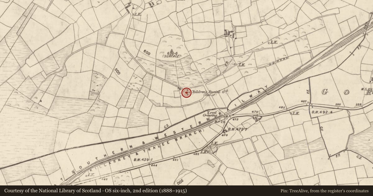 Ordnance Survey six-inch map, 2nd edition (1888–1915) covering the location of Children's burial ground, Stagmount, County Kerry, with a pin at the register's coordinates