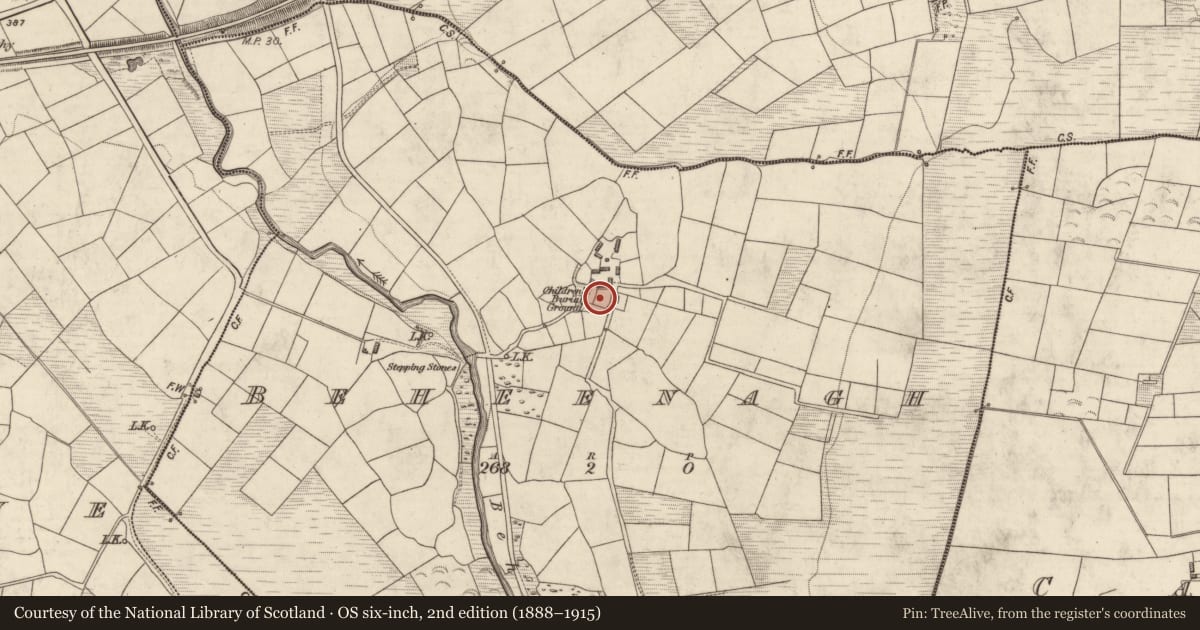 Ordnance Survey six-inch map, 2nd edition (1888–1915) covering the location of Children's burial ground, Beheenagh, County Kerry, with a pin at the register's coordinates