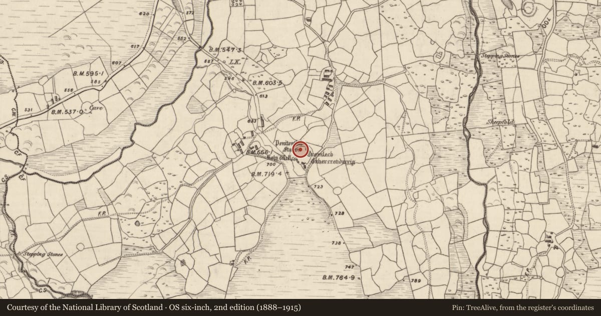 Ordnance Survey six-inch map, 2nd edition (1888–1915) covering the location of Penitential station, Gortnagane, County Kerry, with a pin at the register's coordinates