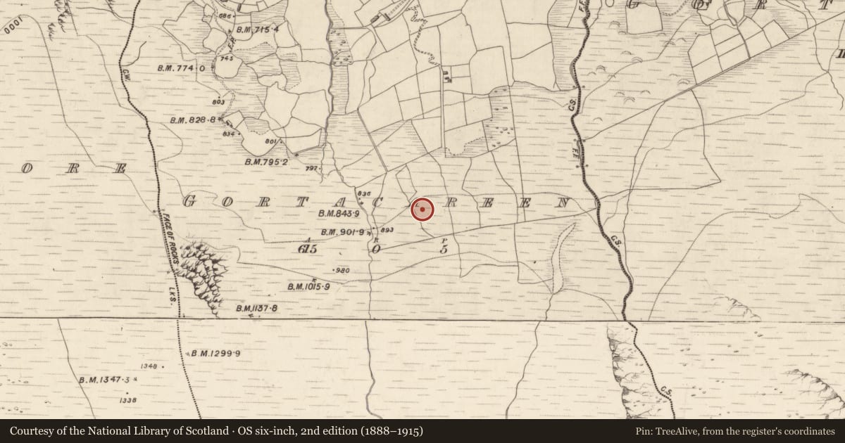 Ordnance Survey six-inch map, 2nd edition (1888–1915) covering the location of Enclosure, Gortacareen, County Kerry, with a pin at the register's coordinates