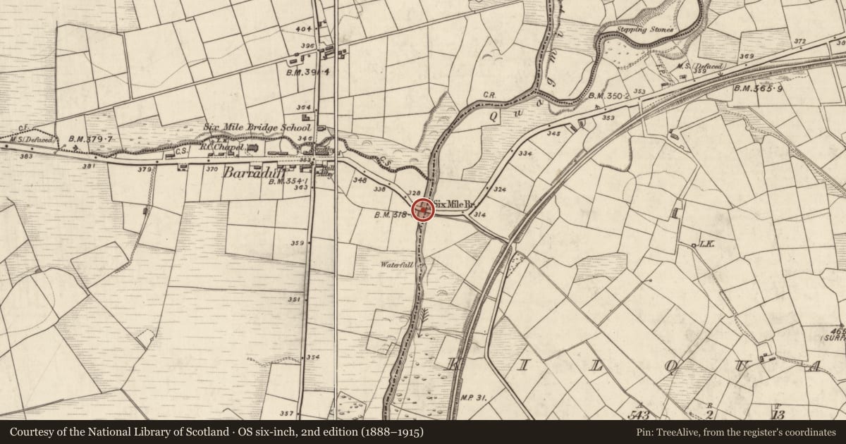 Ordnance Survey six-inch map, 2nd edition (1888–1915) covering the location of Bridge, Kilquane, Shronedarragh, County Kerry, with a pin at the register's coordinates