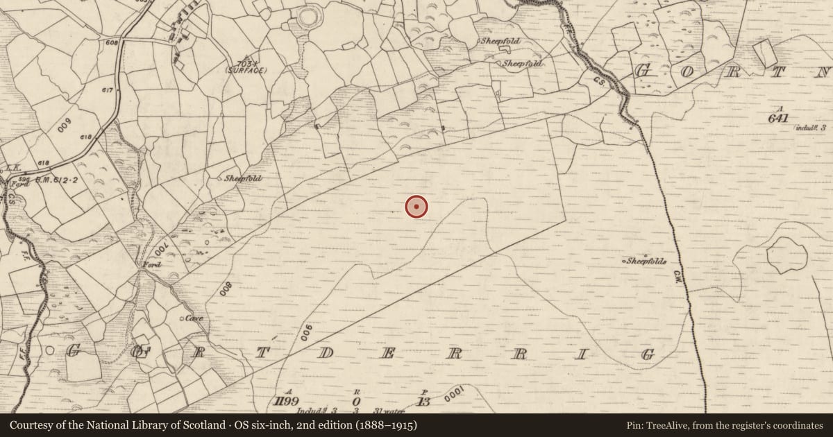 Ordnance Survey six-inch map, 2nd edition (1888–1915) covering the location of Hut site, Gortderrig, County Kerry, with a pin at the register's coordinates