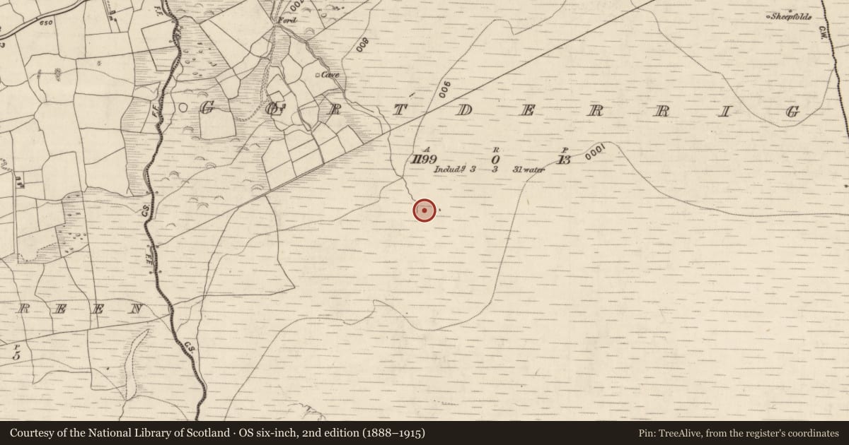 Ordnance Survey six-inch map, 2nd edition (1888–1915) covering the location of Enclosure, Gortderrig, County Kerry, with a pin at the register's coordinates