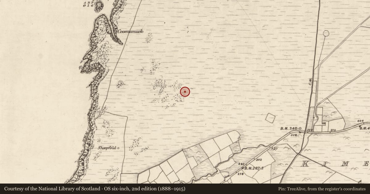 Ordnance Survey six-inch map, 2nd edition (1888–1915) covering the location of Enclosure, Kimego West, County Kerry, with a pin at the register's coordinates