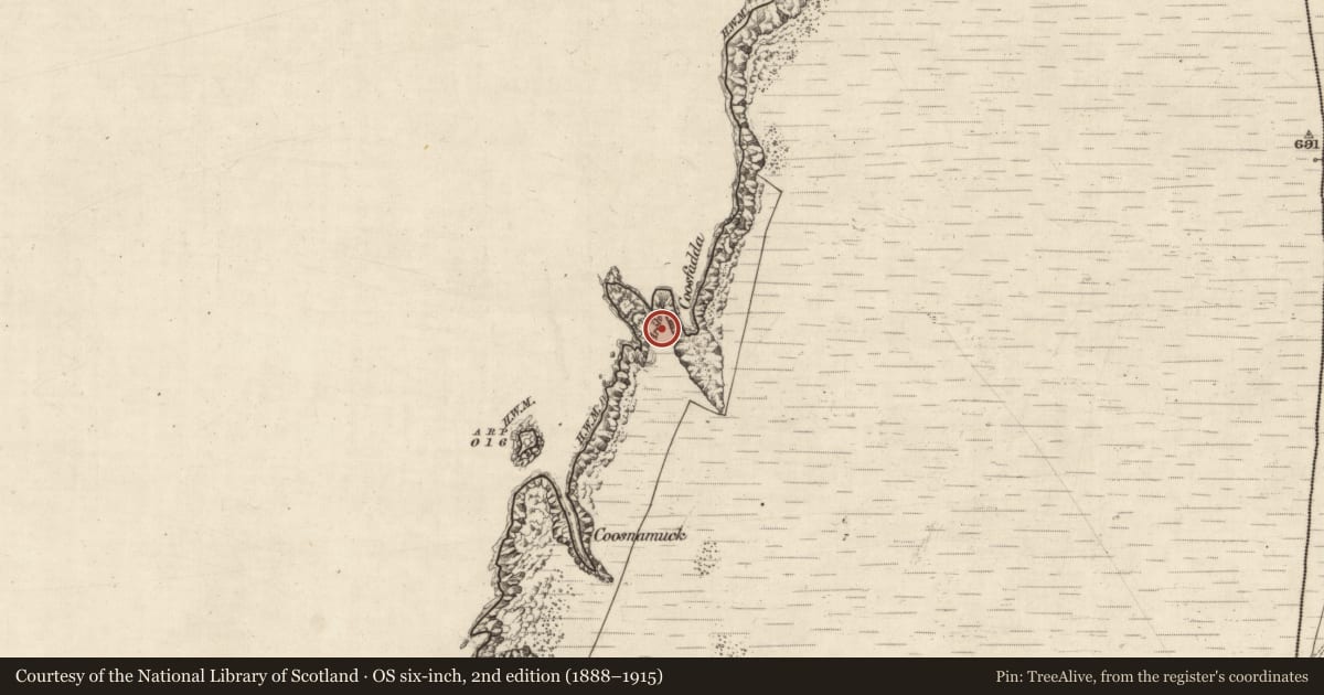 Ordnance Survey six-inch map, 2nd edition (1888–1915) covering the location of Promontory fort - coastal, Kimego West, County Kerry, with a pin at the register's coordinates