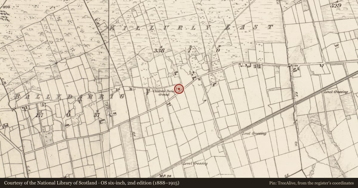 Ordnance Survey six-inch map, 2nd edition (1888–1915) covering the location of Children's burial ground, Killurly East, County Kerry, with a pin at the register's coordinates