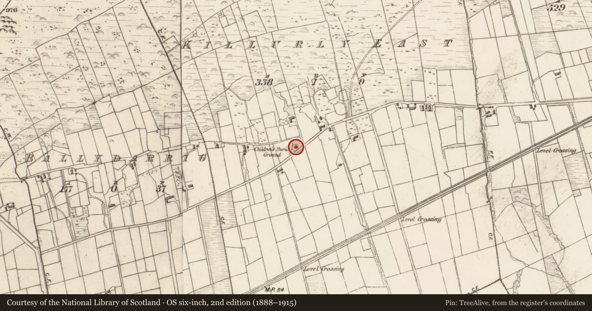 Ordnance Survey six-inch map, 2nd edition (1888–1915) covering the location of Burial, Killurly East, County Kerry, with a pin at the register's coordinates