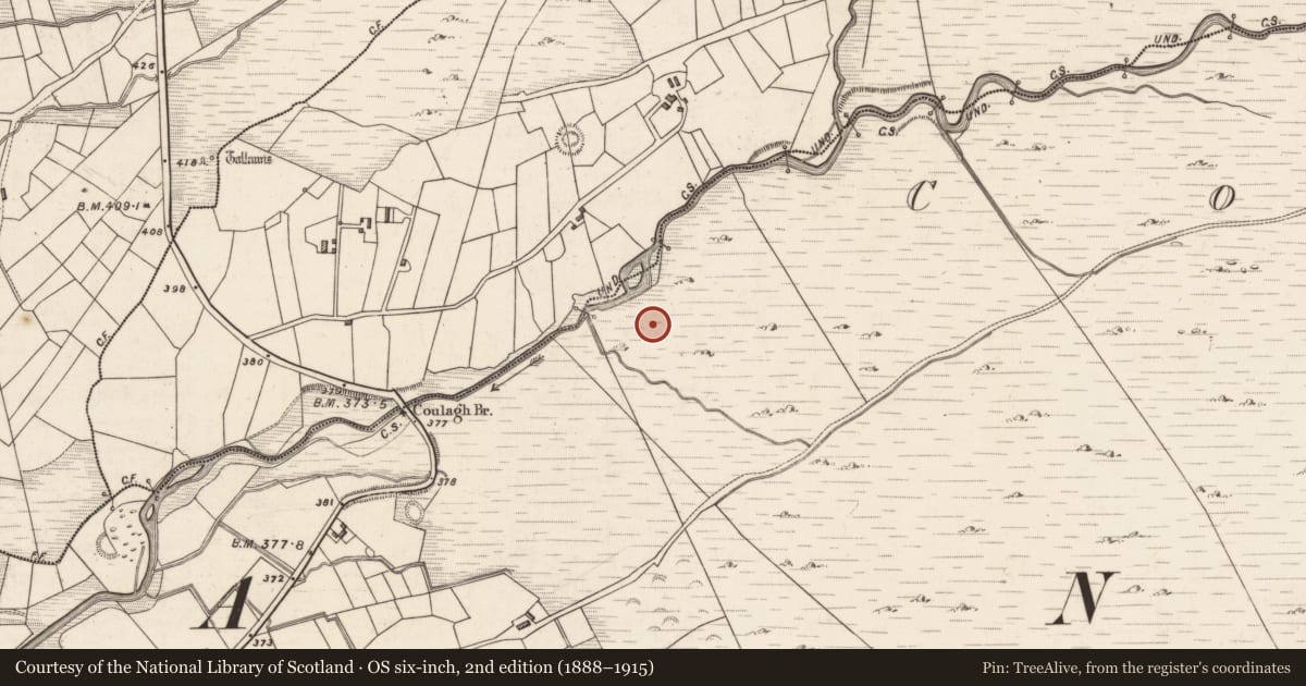 Ordnance Survey six-inch map, 2nd edition (1888–1915) covering the location of Hut site, Coulagh, County Kerry, with a pin at the register's coordinates