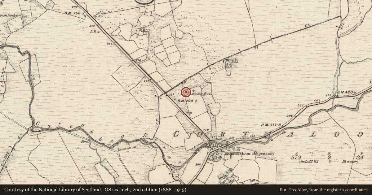 Ordnance Survey six-inch map, 2nd edition (1888–1915) covering the location of Souterrain, Gortmaloon East, County Kerry, with a pin at the register's coordinates