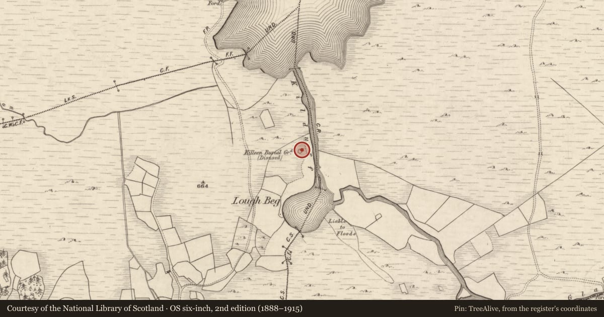 Ordnance Survey six-inch map, 2nd edition (1888–1915) covering the location of Children's burial ground, Coss, County Kerry, with a pin at the register's coordinates