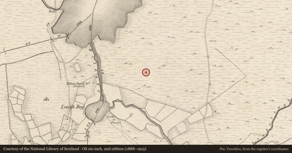 Ordnance Survey six-inch map, 2nd edition (1888–1915) covering the location of Hut site, Derrynafeana (Dunkerron North By., Knockane Par.), County Kerry, with a pin at the register's coordinates
