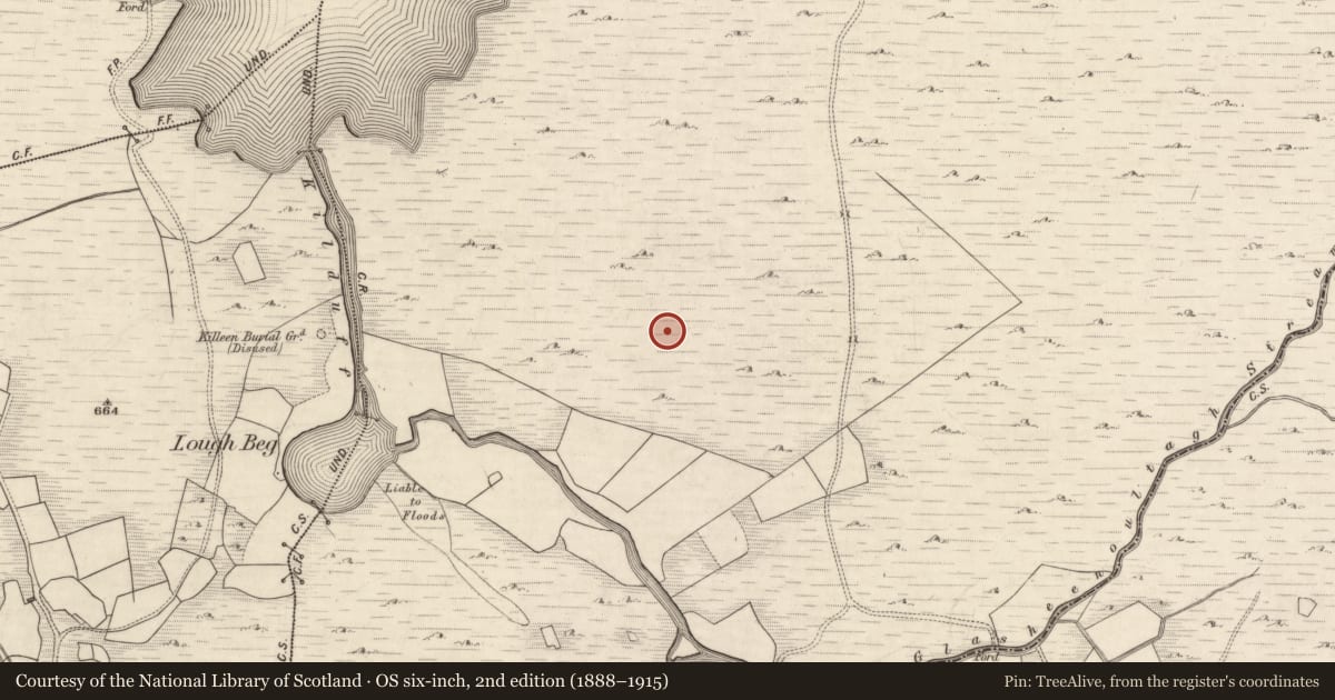 Ordnance Survey six-inch map, 2nd edition (1888–1915) covering the location of Hut site, Derrynafeana (Dunkerron North By., Knockane Par.), County Kerry, with a pin at the register's coordinates