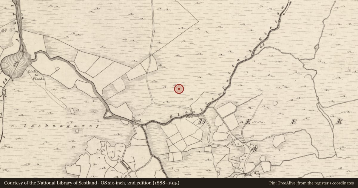 Ordnance Survey six-inch map, 2nd edition (1888–1915) covering the location of Hut site, Derrynafeana (Dunkerron North By., Knockane Par.), County Kerry, with a pin at the register's coordinates