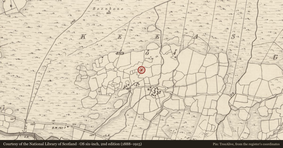 Ordnance Survey six-inch map, 2nd edition (1888–1915) covering the location of Souterrain, Keeas, County Kerry, with a pin at the register's coordinates