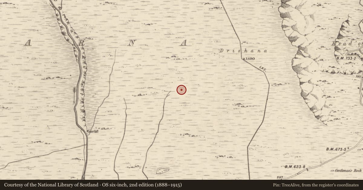 Ordnance Survey six-inch map, 2nd edition (1888–1915) covering the location of Hut site, Derrycarna, County Kerry, with a pin at the register's coordinates