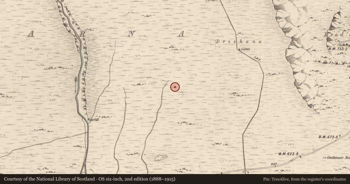 Ordnance Survey six-inch map, 2nd edition (1888–1915) covering the location of Hut site, Derrycarna, County Kerry, with a pin at the register's coordinates