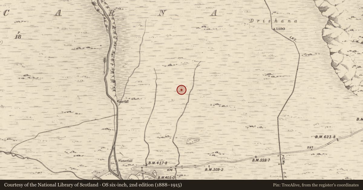 Ordnance Survey six-inch map, 2nd edition (1888–1915) covering the location of Hut site, Derrycarna, County Kerry, with a pin at the register's coordinates