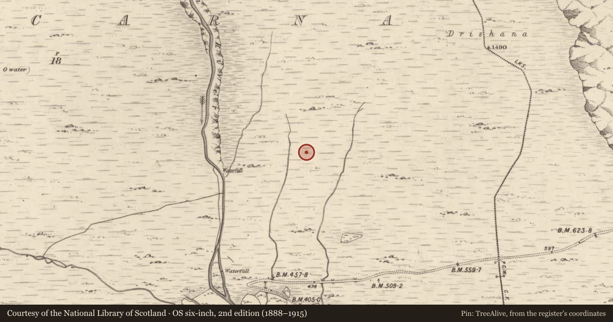 Ordnance Survey six-inch map, 2nd edition (1888–1915) covering the location of Field boundary, Derrycarna, County Kerry, with a pin at the register's coordinates