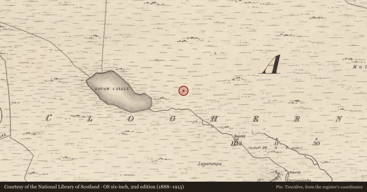 Ordnance Survey six-inch map, 2nd edition (1888–1915) covering the location of Field boundary, Cloghernoosh, County Kerry, with a pin at the register's coordinates
