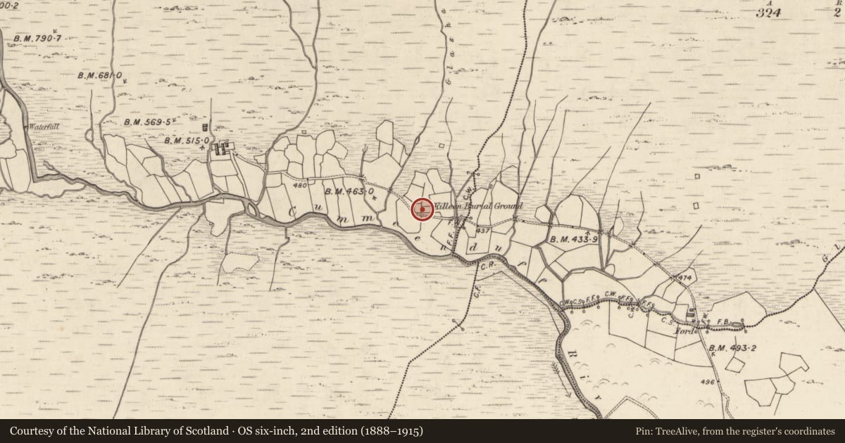 Ordnance Survey six-inch map, 2nd edition (1888–1915) covering the location of Children's burial ground, Curragh More, County Kerry, with a pin at the register's coordinates
