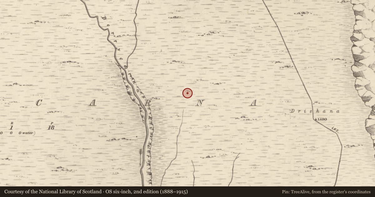 Ordnance Survey six-inch map, 2nd edition (1888–1915) covering the location of Hut site, Derrycarna, County Kerry, with a pin at the register's coordinates