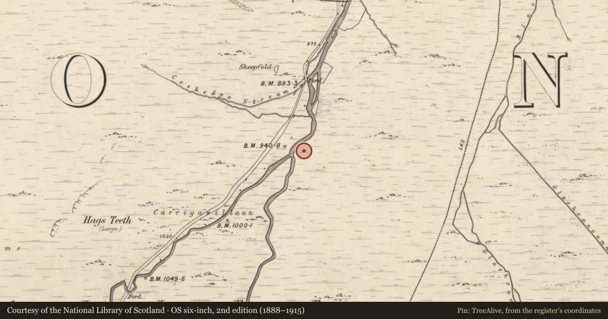 Ordnance Survey six-inch map, 2nd edition (1888–1915) covering the location of Hut site, Coomcallee, County Kerry, with a pin at the register's coordinates