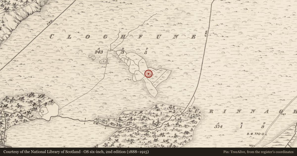 Ordnance Survey six-inch map, 2nd edition (1888–1915) covering the location of Settlement cluster, Cloghfune, County Kerry, with a pin at the register's coordinates
