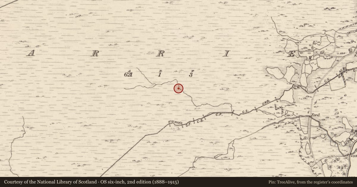 Ordnance Survey six-inch map, 2nd edition (1888–1915) covering the location of Fulacht fia, Garries, County Kerry, with a pin at the register's coordinates