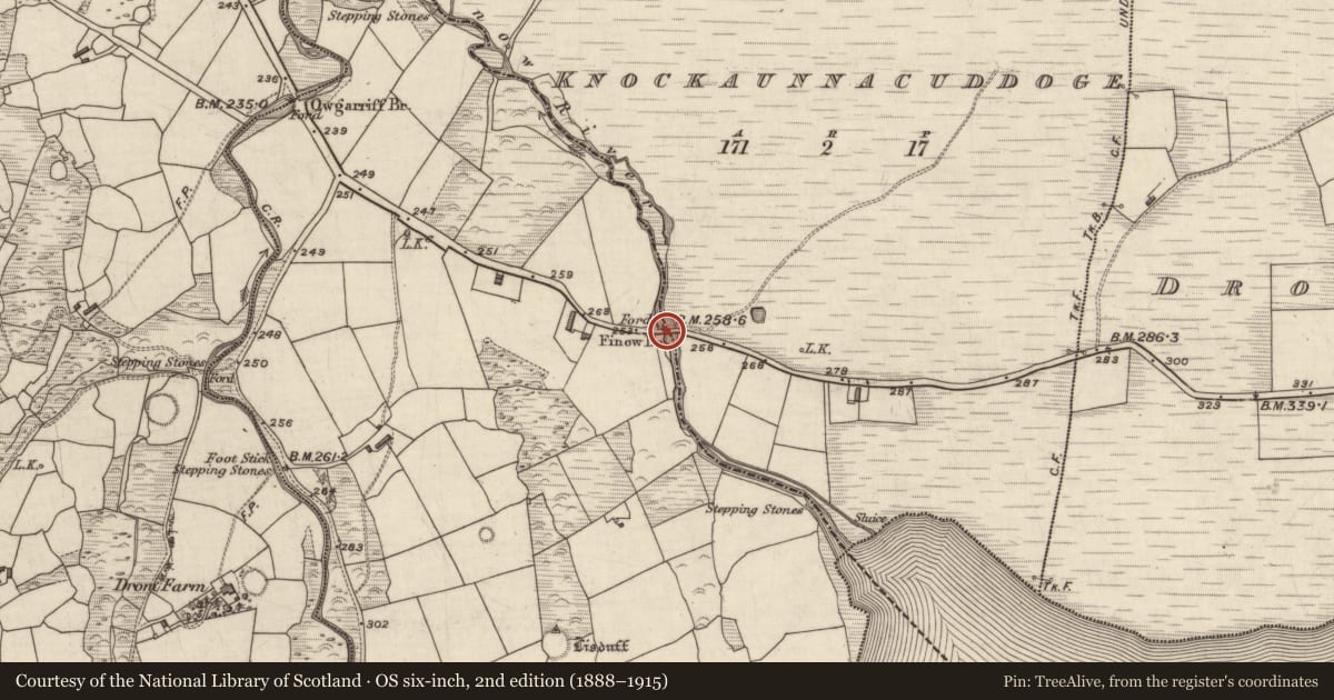 Ordnance Survey six-inch map, 2nd edition (1888–1915) covering the location of Bridge, Gortdromakiery, Knockaunnaguddoge, County Kerry, with a pin at the register's coordinates
