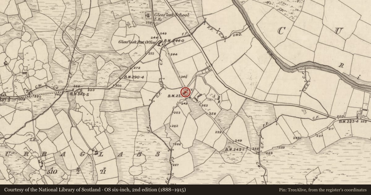 Ordnance Survey six-inch map, 2nd edition (1888–1915) covering the location of Church, Rusheen Beg, County Kerry, with a pin at the register's coordinates