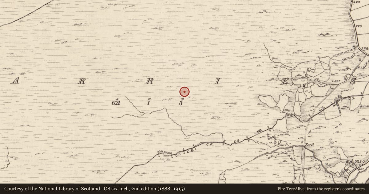 Ordnance Survey six-inch map, 2nd edition (1888–1915) covering the location of Hut site, Garries, County Kerry, with a pin at the register's coordinates