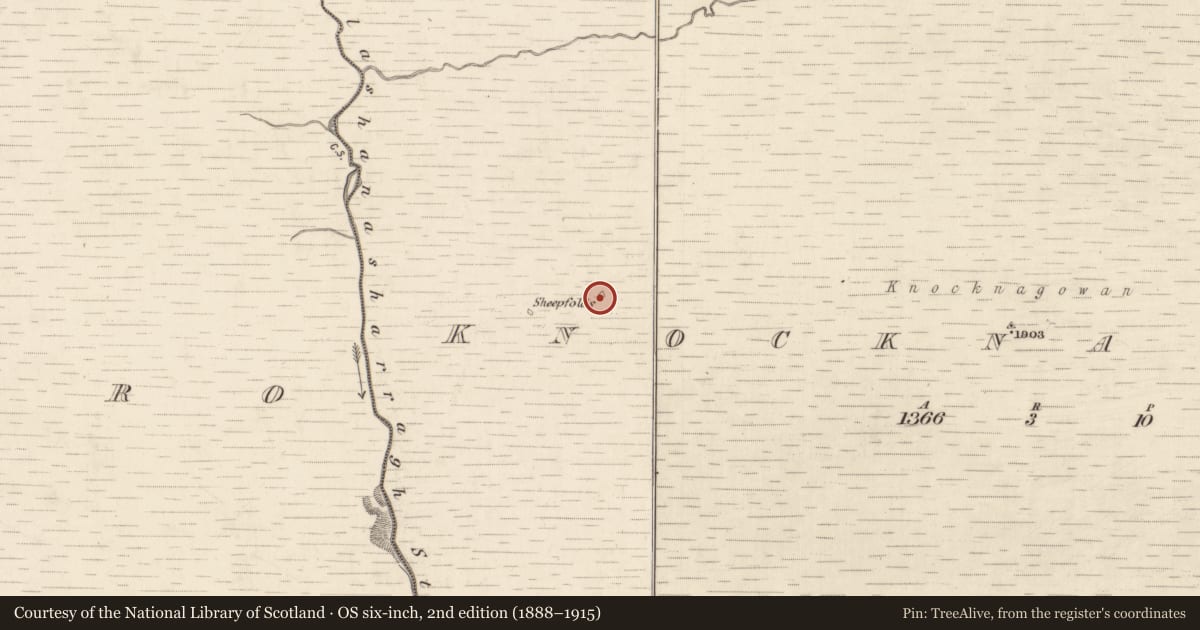 Ordnance Survey six-inch map, 2nd edition (1888–1915) covering the location of Enclosure, Knocknagowan, County Kerry, with a pin at the register's coordinates