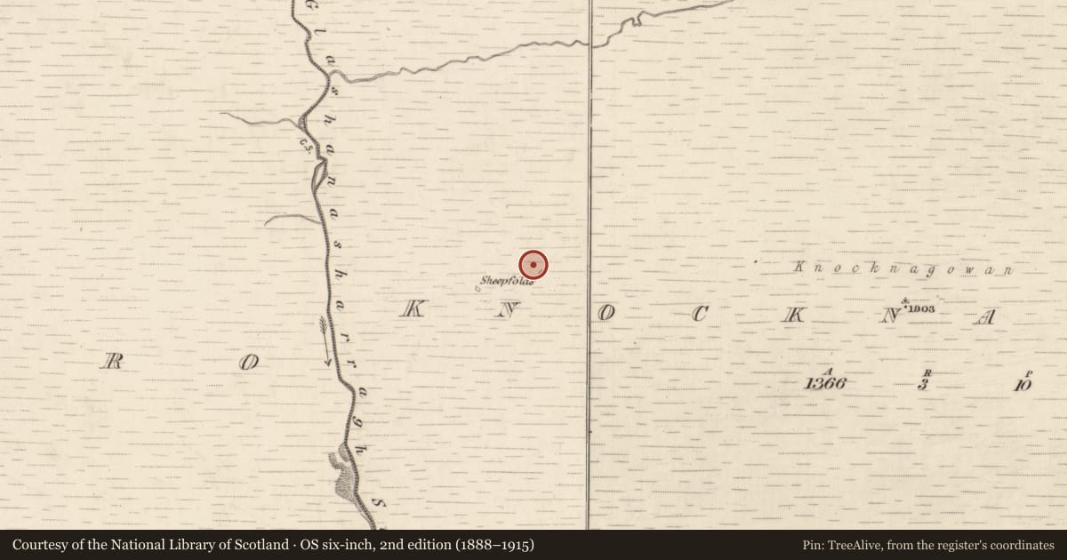 Ordnance Survey six-inch map, 2nd edition (1888–1915) covering the location of Hut site, Knocknagowan, County Kerry, with a pin at the register's coordinates