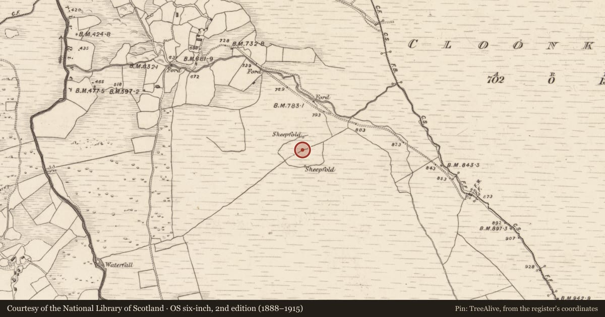 Ordnance Survey six-inch map, 2nd edition (1888–1915) covering the location of Field boundary, Coomacullen, County Kerry, with a pin at the register's coordinates