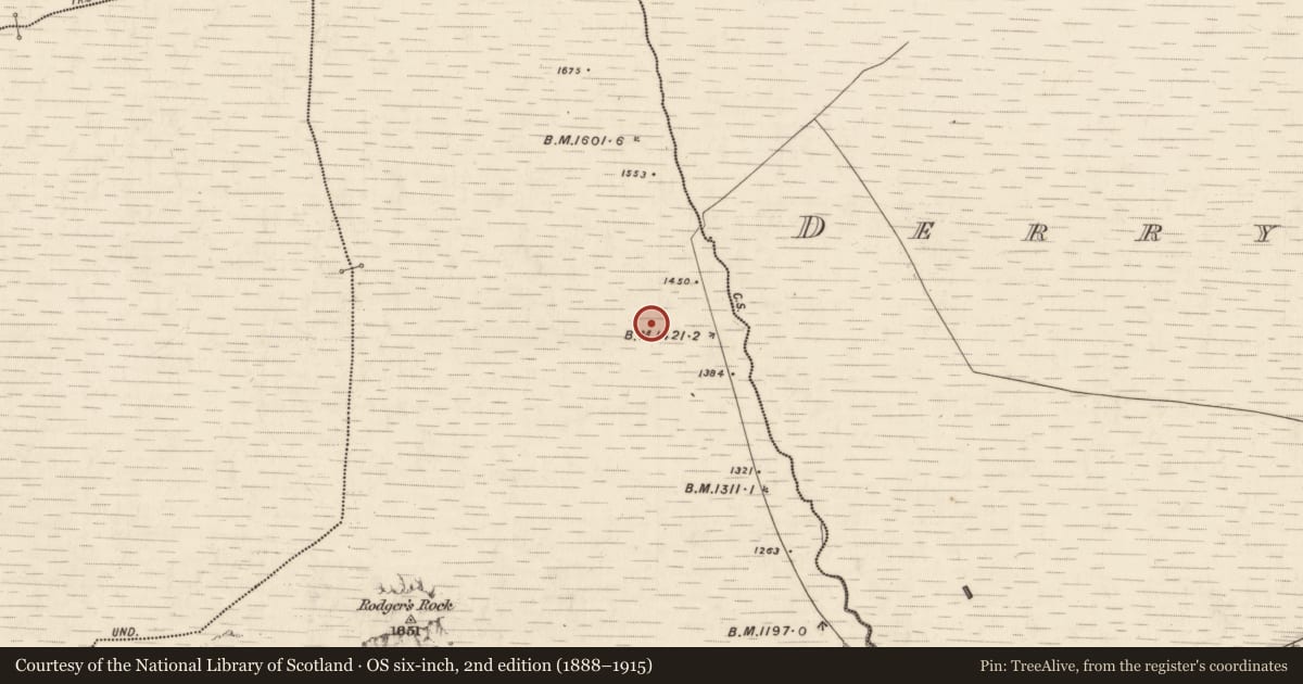 Ordnance Survey six-inch map, 2nd edition (1888–1915) covering the location of Hut site, Derrymaclavlode, County Kerry, with a pin at the register's coordinates