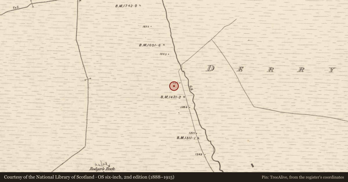 Ordnance Survey six-inch map, 2nd edition (1888–1915) covering the location of Enclosure, Derrymaclavlode, County Kerry, with a pin at the register's coordinates