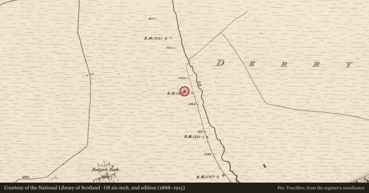 Ordnance Survey six-inch map, 2nd edition (1888–1915) covering the location of Enclosure, Derrymaclavlode, County Kerry, with a pin at the register's coordinates